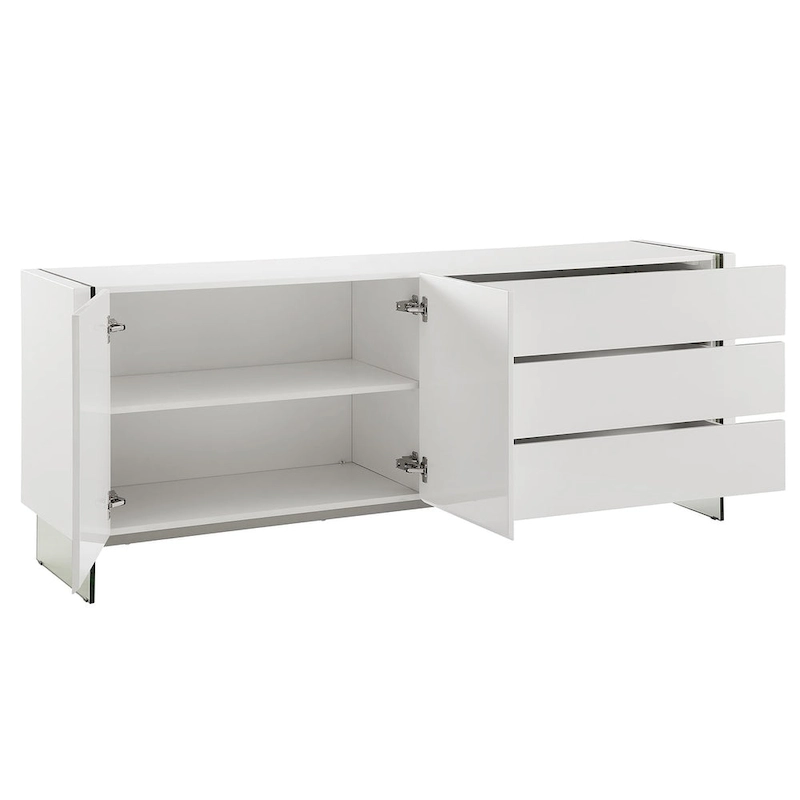 IL VETRO buffet-server in high gloss white lacquer with clear glass.