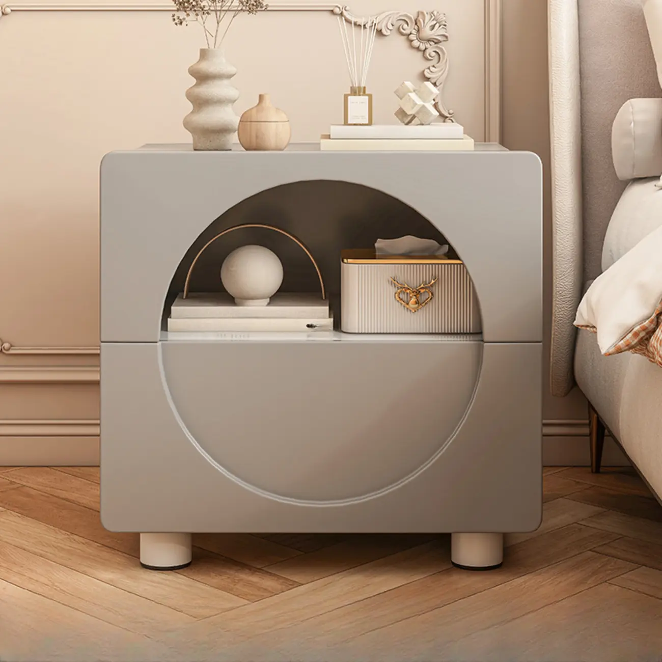 Modern 2-Tier Wooden Small Nightstand in White/Grey