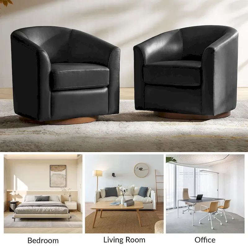Althea Modern Genuine Leather Swivel Barrel Chair with Solid Wood Base By HULALA HOME