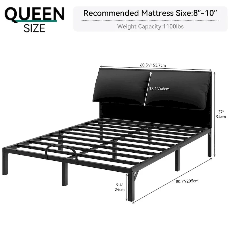 Moasis Metal Bed Frame Folding Upholstered Bed Frame with Faux Leather Headboard Two Pillows