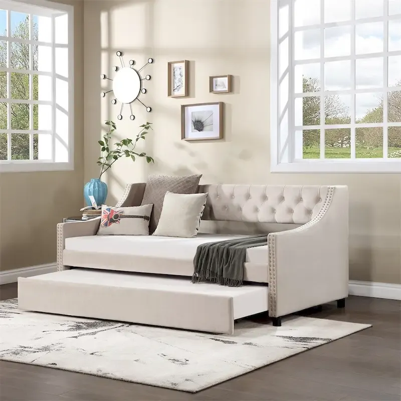 Full Size Daybed with Trundle Upholstered Tufted Sofa Bed with Button