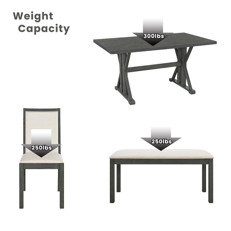 6-Piece Farmhouse Dining Table Set with 4 Upholstered Chairs and Bench