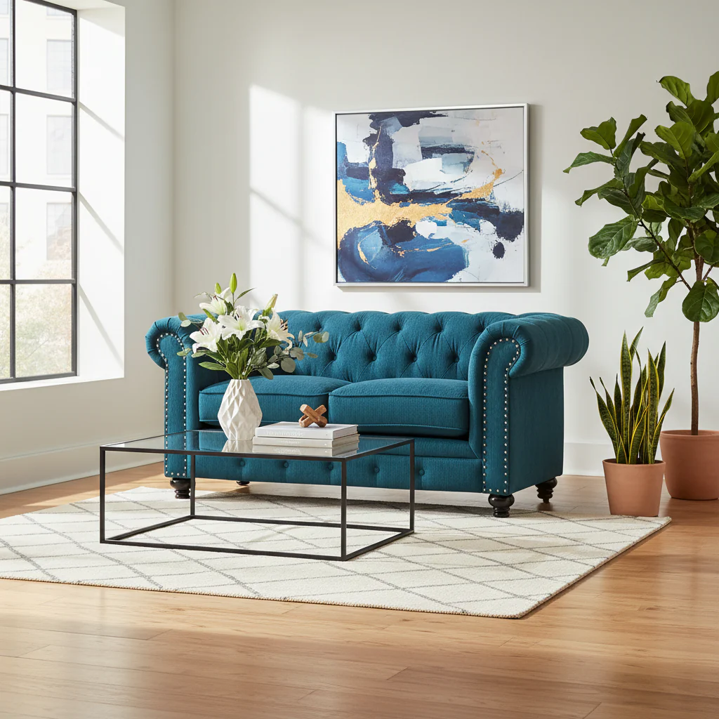 Loveseat with Button Tufted Backrest and Rolled Design Arms, Blue