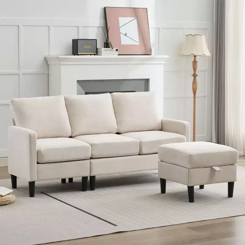 HYLEORY L-Shaped Convertible Sectional Sofa Couch 3 Seater with Linen Fabric, Complete with Ottoman, for Living Room, Apartment and Office