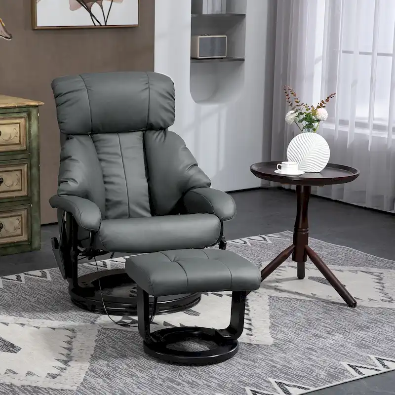 HOMCOM Massage Recliner Chair with Ottoman, 360 Swivel Recliner and Footstool, PU Leather Reclining Chair, Gray