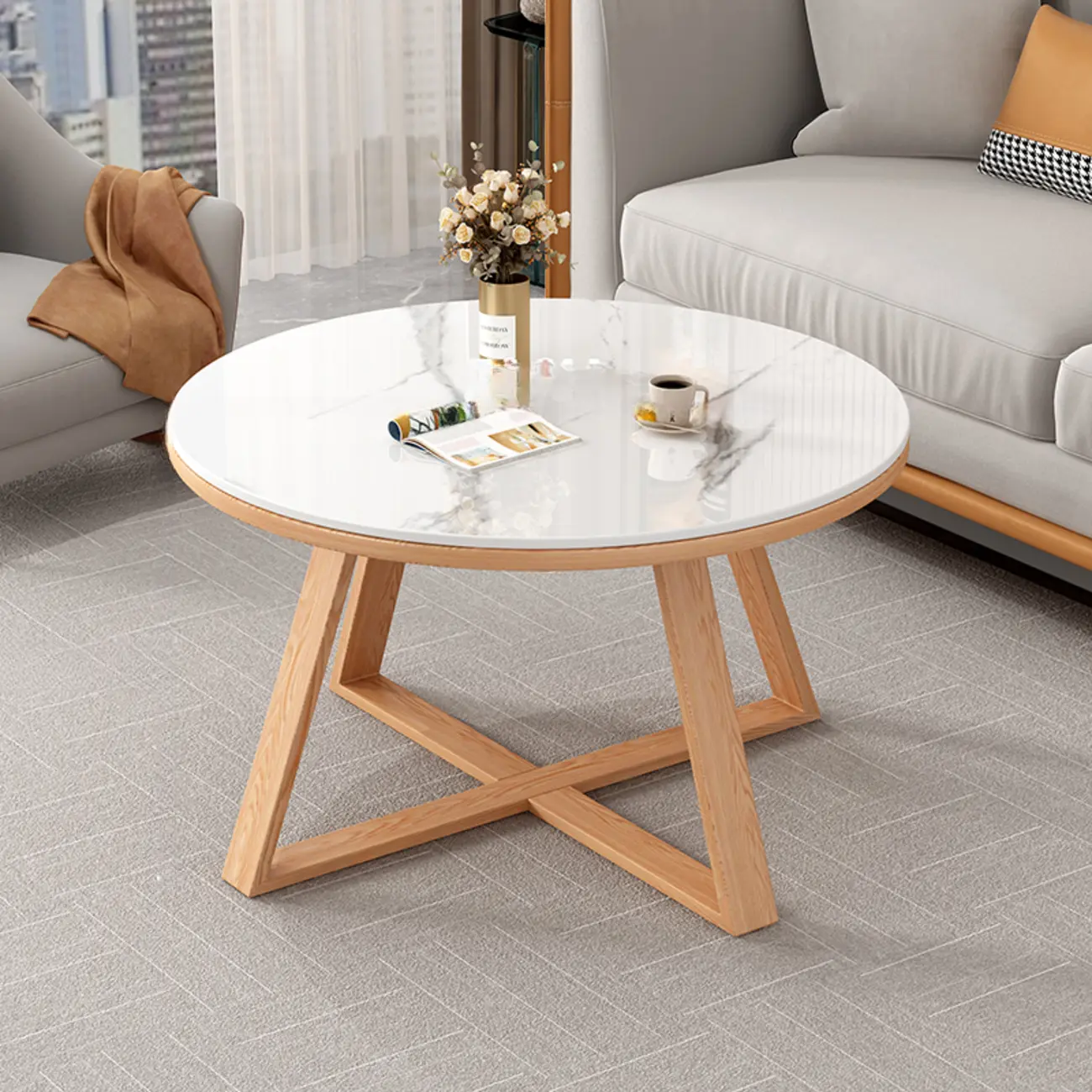 Modern Marble Round 2 Nesting Coffee Table Set with Wood Base