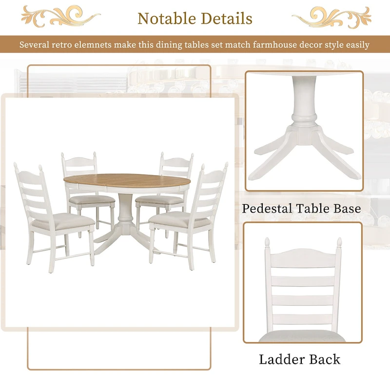 5 Piece Round Dining Table Set, Solid Wood Kitchen Table and Chair Set with Extendable Table and 4 Upholstered Chairs