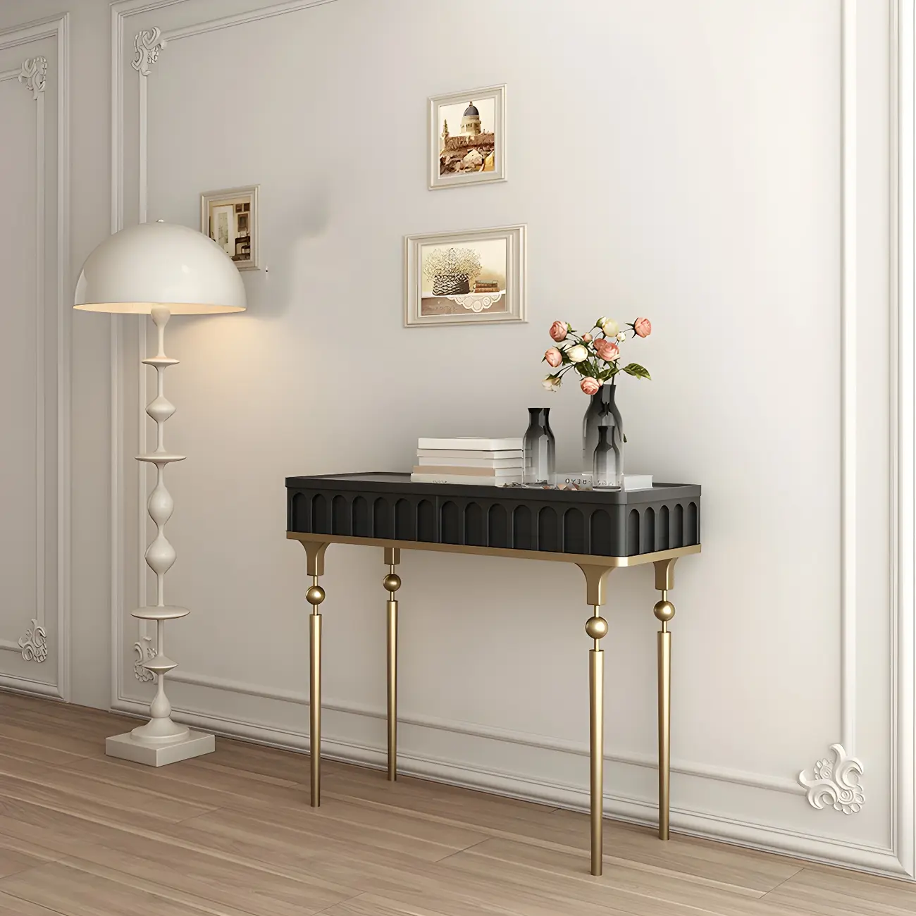 Modern Black Wood Gold Legs Console Table