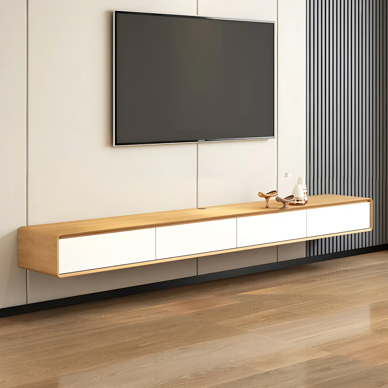 Natural Long Wood Floating TV Stand Media Consoles