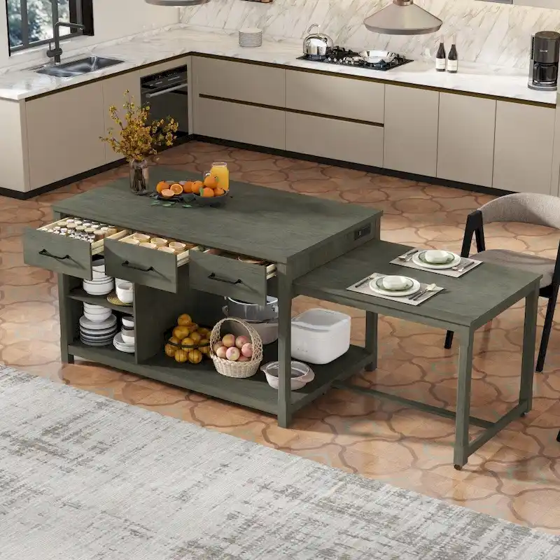 Retro Wooden Extendable Kitchen Island with Built-in Power Outlets and Drawers