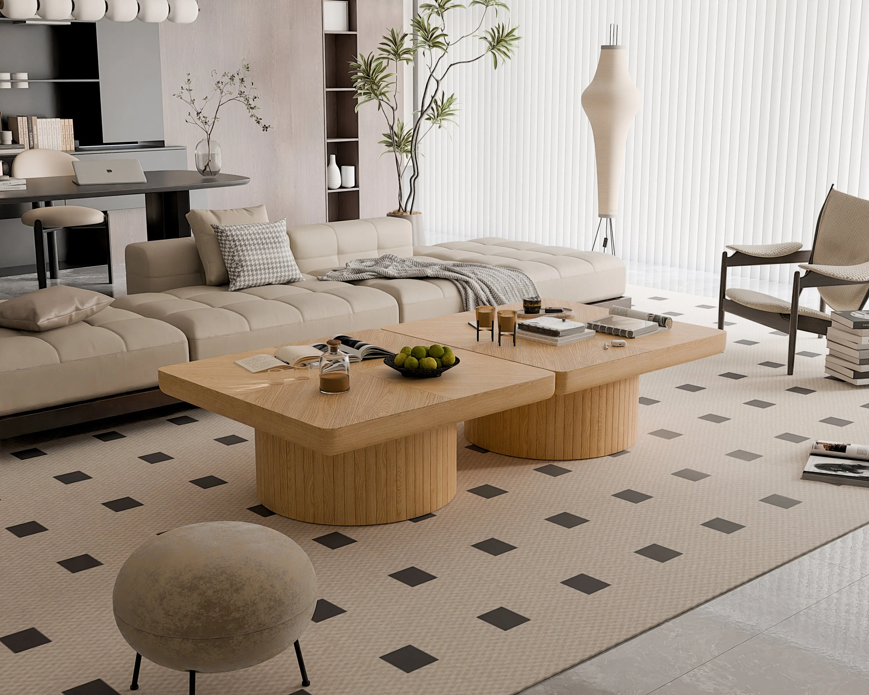 Modern Veneer 34.6'' Square Fluted Cylindrical Base Coffee Table