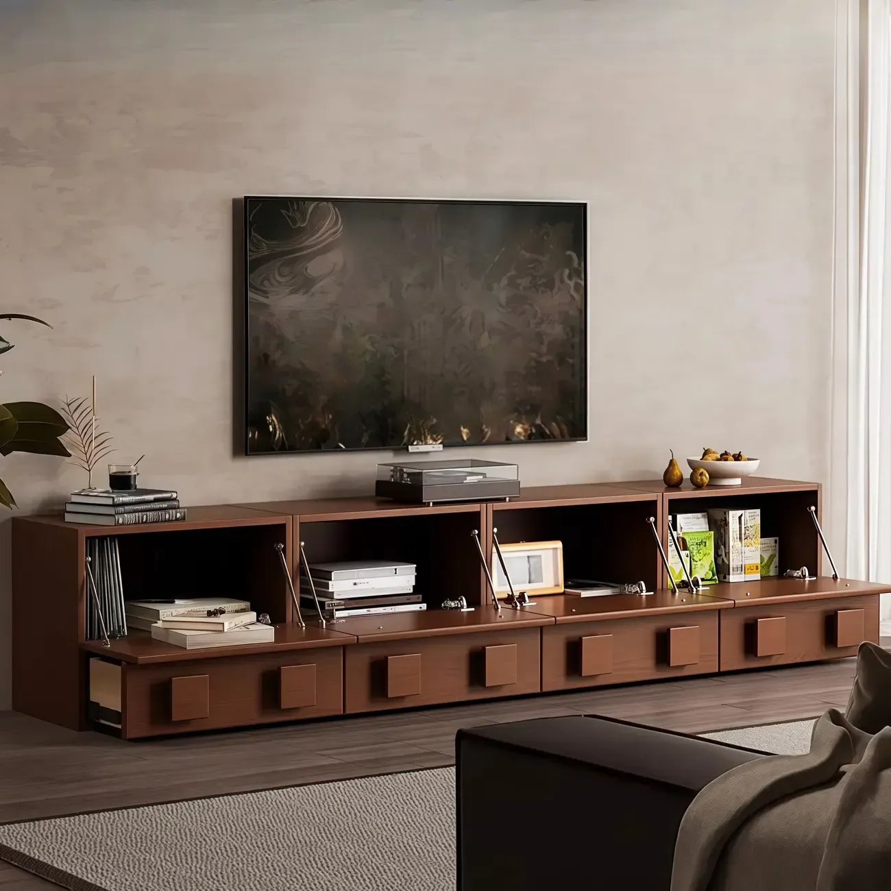 Living Room Brown 2-Tier Rectangular Wooden TV Stand