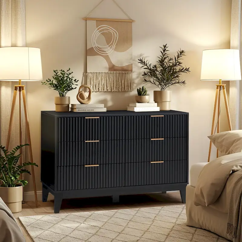 EROMMY Fluted Dresser 6 Drawer Mid Century Modern Dresser Wide Chest of Drawers with Metal Handles for Bedroom Living Room