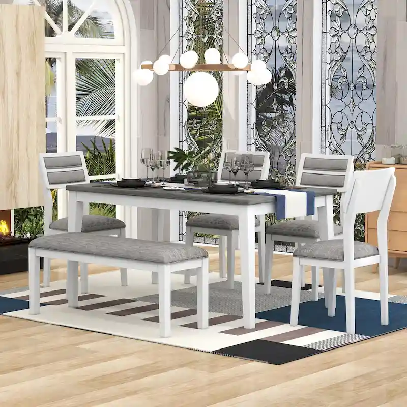 6-Piece Wooden Dining Table Set with 4 Chairs & Bench