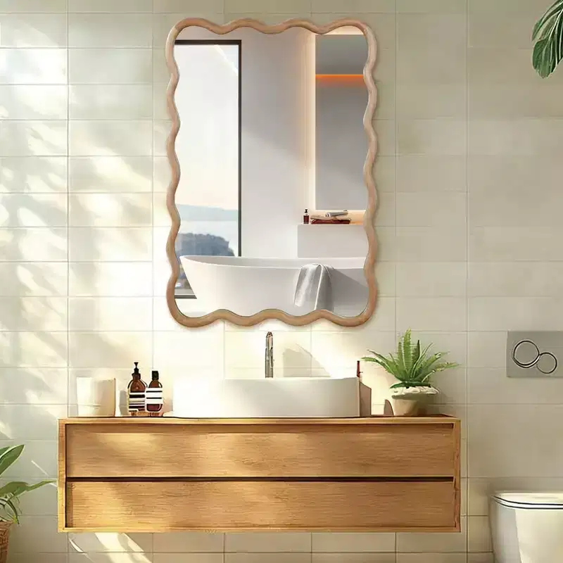 24 x 36 Wavy Rectangle Solid Wood Frame Decorative Mirror for Bedroom Bathroom Living Room Natural Wood