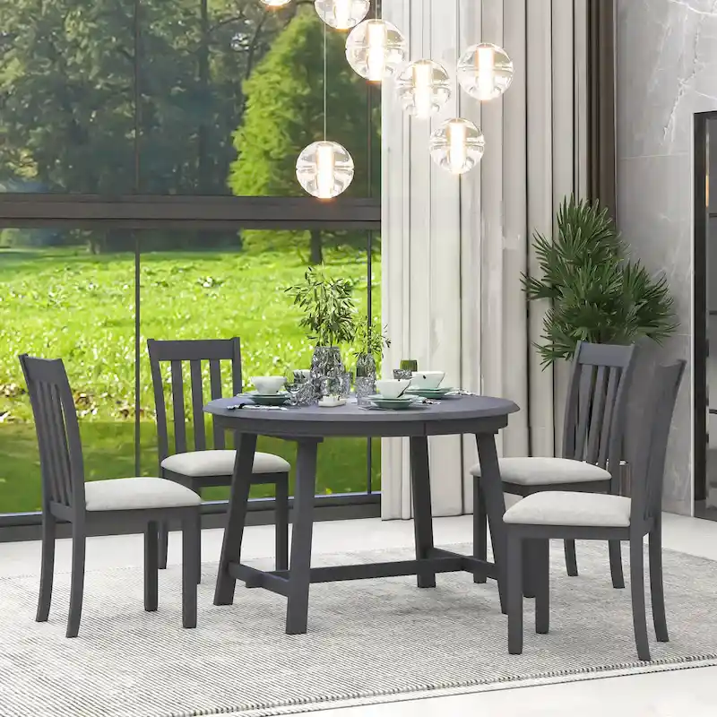 5-Piece Wooden Dining Table Set with Round Extendable Table & 4 Chairs