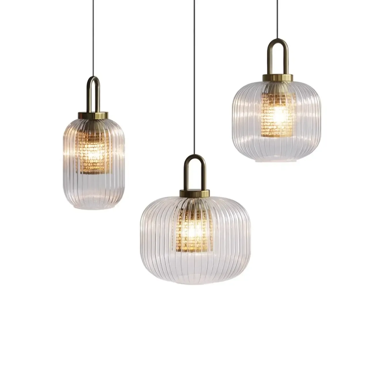 Gold Metal Ribbed Clear Glass Kitchen Pendant Light