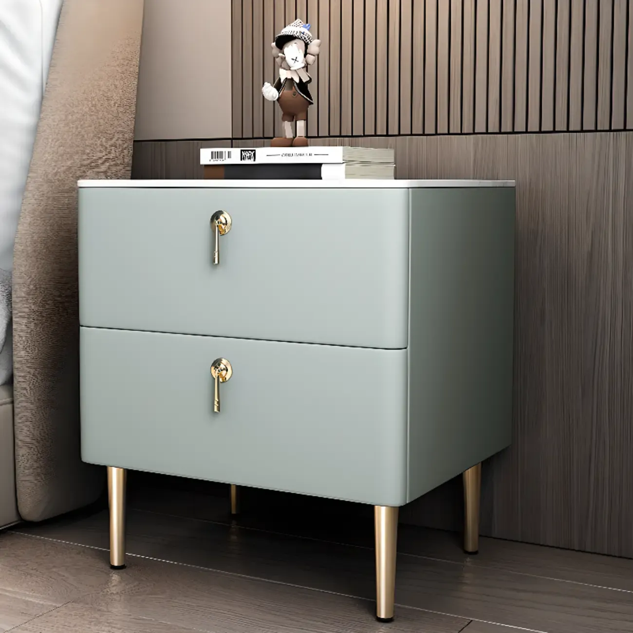 Modern Stone Top Gold Accents Leather 2 Drawer Nightstand