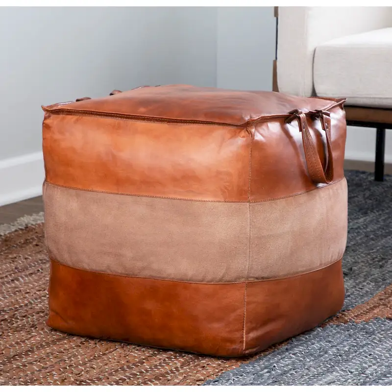Carbon Loft Najah Industrial Pouf Ottoman in Leather and Canvas