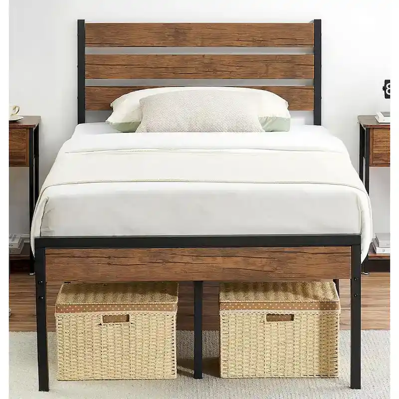 Bed Frame with Wood Headboard, Noise-Free