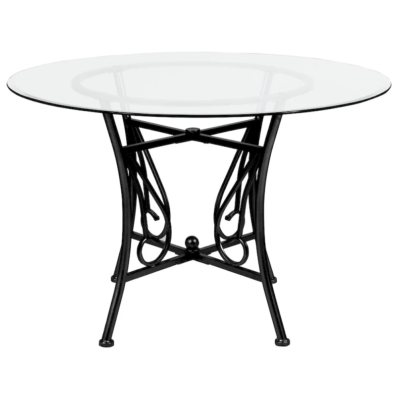 45 Round Glass Dining Table with Curl Accent Matte Metal Frame - 45W x 45D x 29H - 45W x 45D x 29H