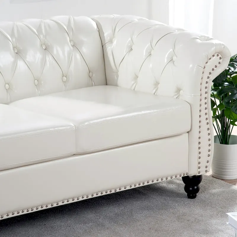 Cream 84.65 Traditional Chesterfield 3 Seater Sofa, PU Leather