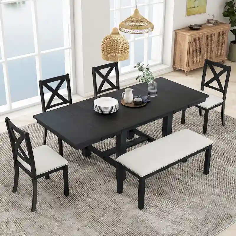 6-Piece Wooden Dining Table Set with Extendable Table & 4 Chairs & Bench
