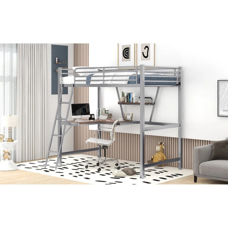 Metal Loft Bed with Integrated Desk, Shelf, and Full-Length Guardrail