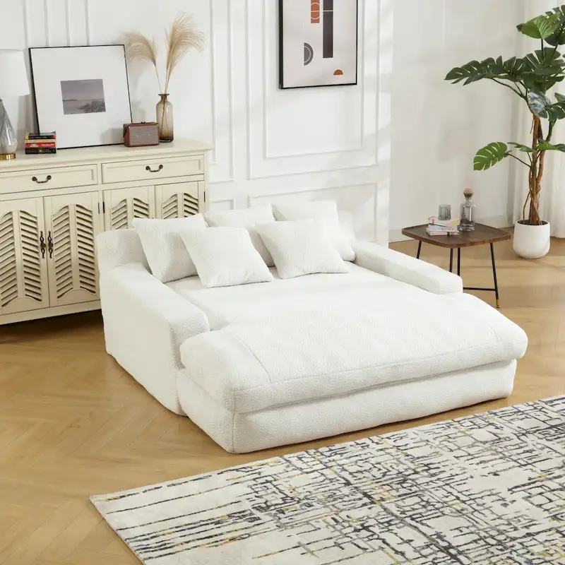 Chenille Upholstered 2-seater Deep Seat lazy sofa bed With 5 back pillows