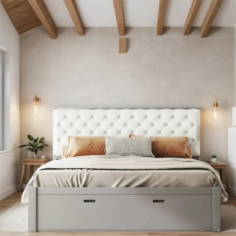 Queen Size Wood Platform Bed with Shoe Rack and Drawers