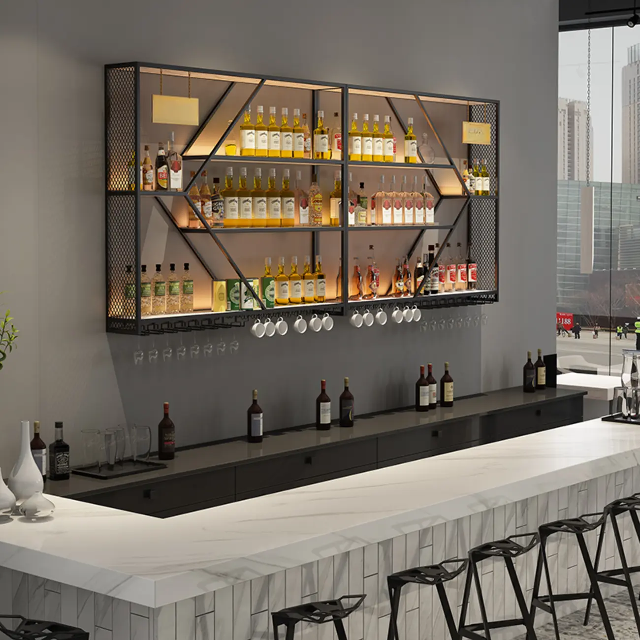 Iron Wine Bottle and Open Wine Glass Holder with Lighting