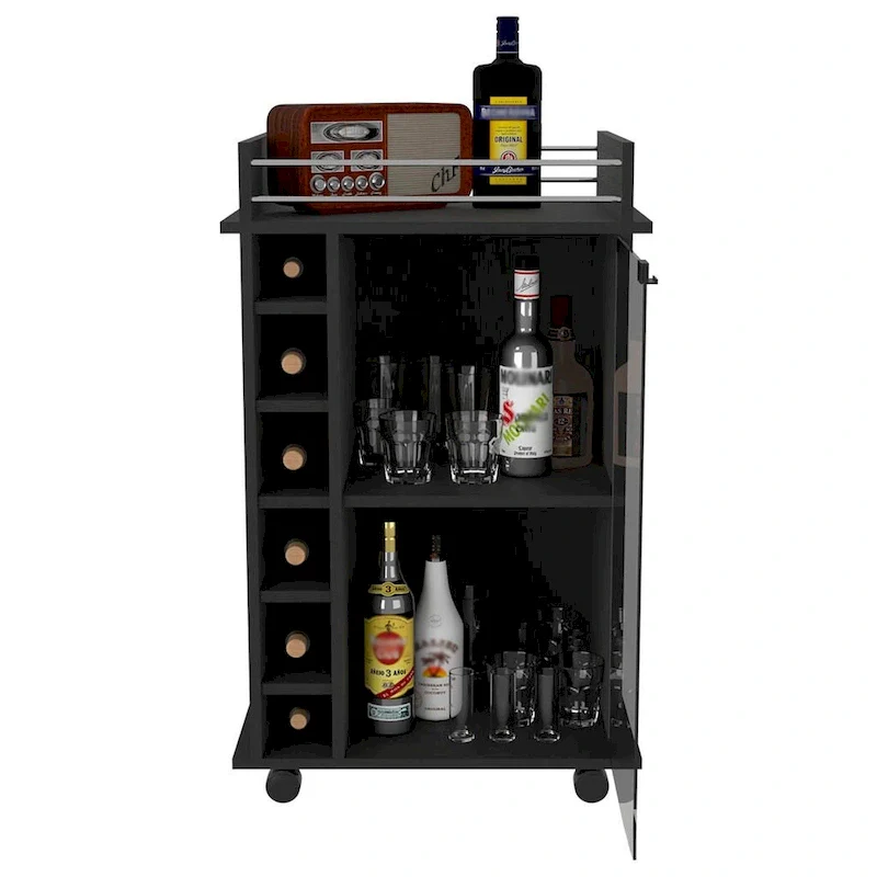 Bar Cart Baltimore, Two Tier Cabinet With Glass Door, Six Wine Cubbies, Black Wengue Finish for Kitchen, Party and Living Room