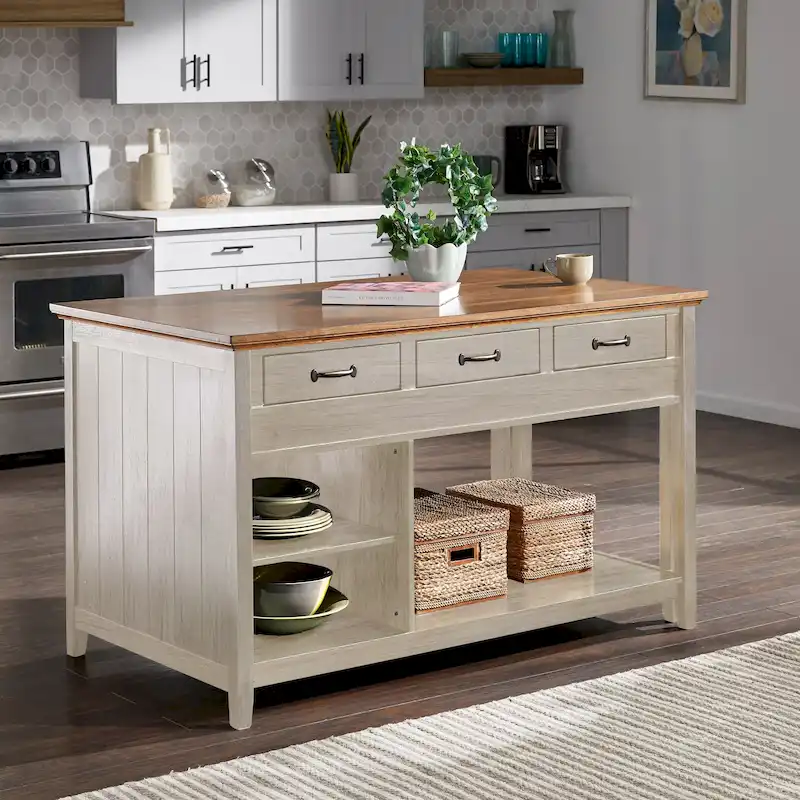Two-Tone Antique Finish Extendable Kitchen Island with 3 Drawers