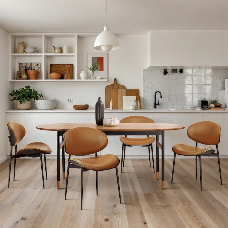 Set of 4 Mid-century Wood and Faux Leather Dining Chairs