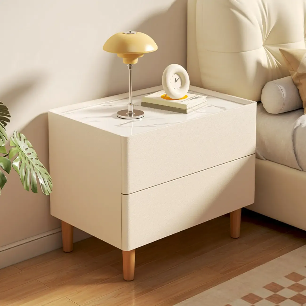 Modern White Sintered Stone Top Leather Drawers Nightstand