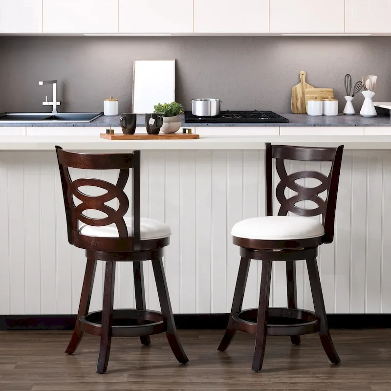 Set of 2 Solid Wood Base Swivel Counter-Height Barstool