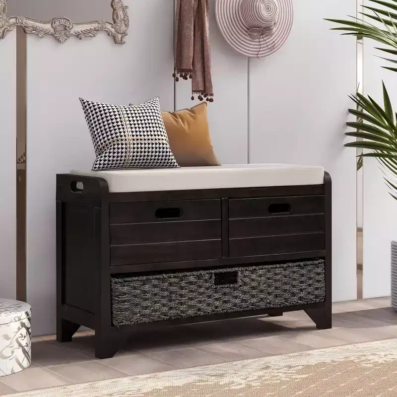 Hansen Acacia Wood Storage Bench with Drawers and Removable Basket