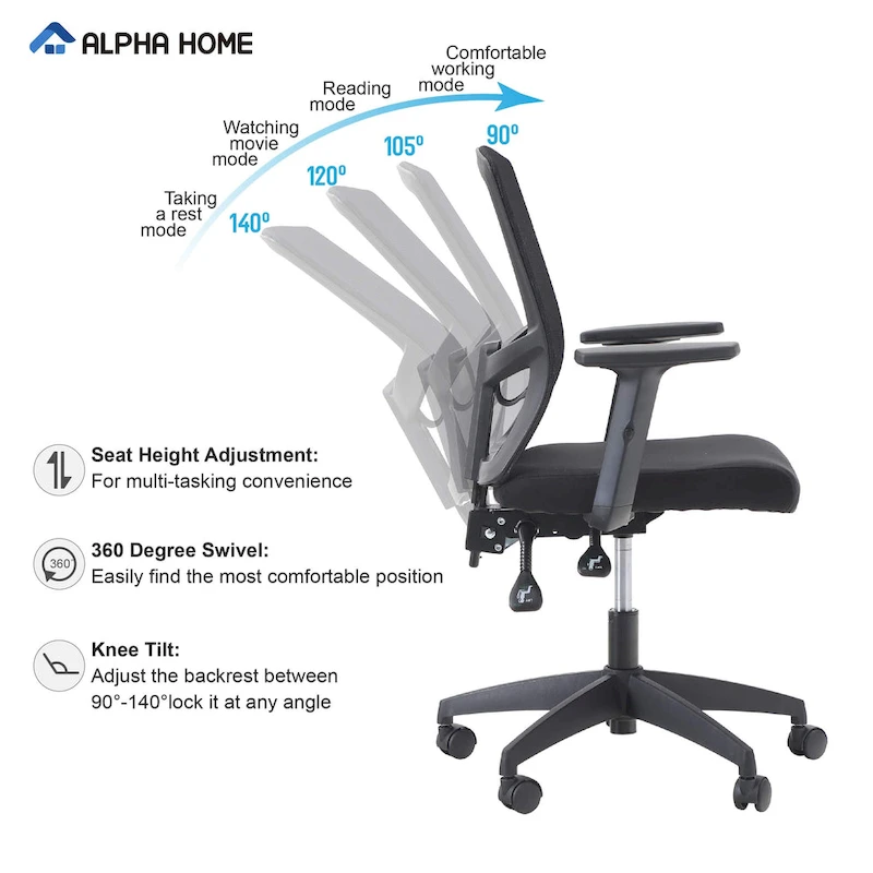 ALPHA HOME High Back Mesh Office Chair Adjustable Headrest, Armrest, Rolling Swivel Reclining Chair