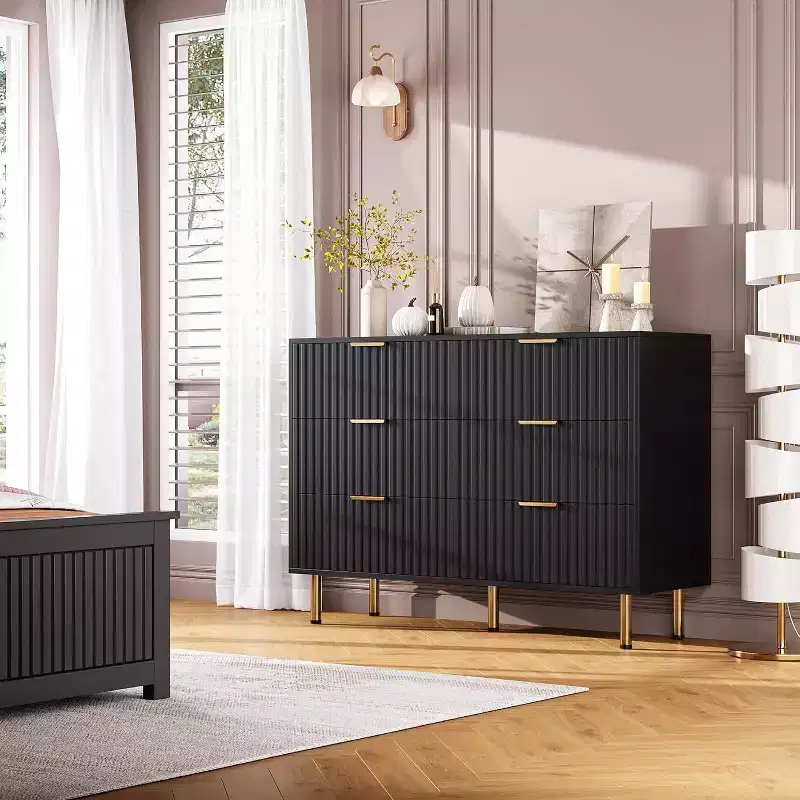 6-Drawer Dresser with Fluted Front & Gold Legs, Brown, TV Stand or Bedroom Storage Organizer