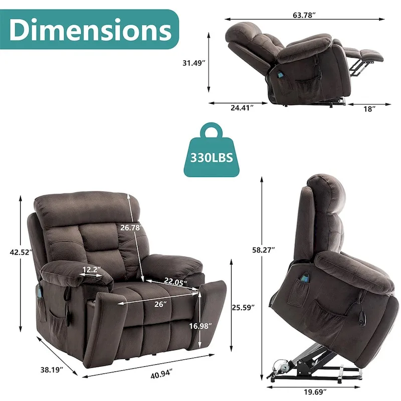 Power Lift Recliner, Massage & Heat, Velvet, 8-Point Massage, Cup Holder, Reclines 160°, Seats 1, Light/Dark Brown