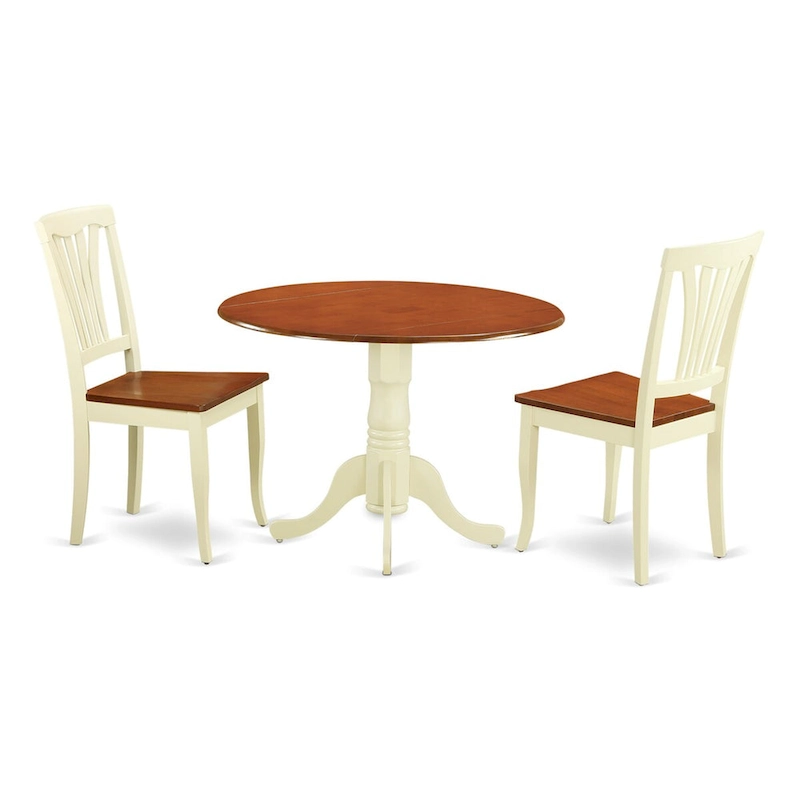 East West Furniture 3 Piece Dining Table Set Contains a Round Dining Room Table and 2 Wooden Seat Chairs, Buttermilk & Cherry