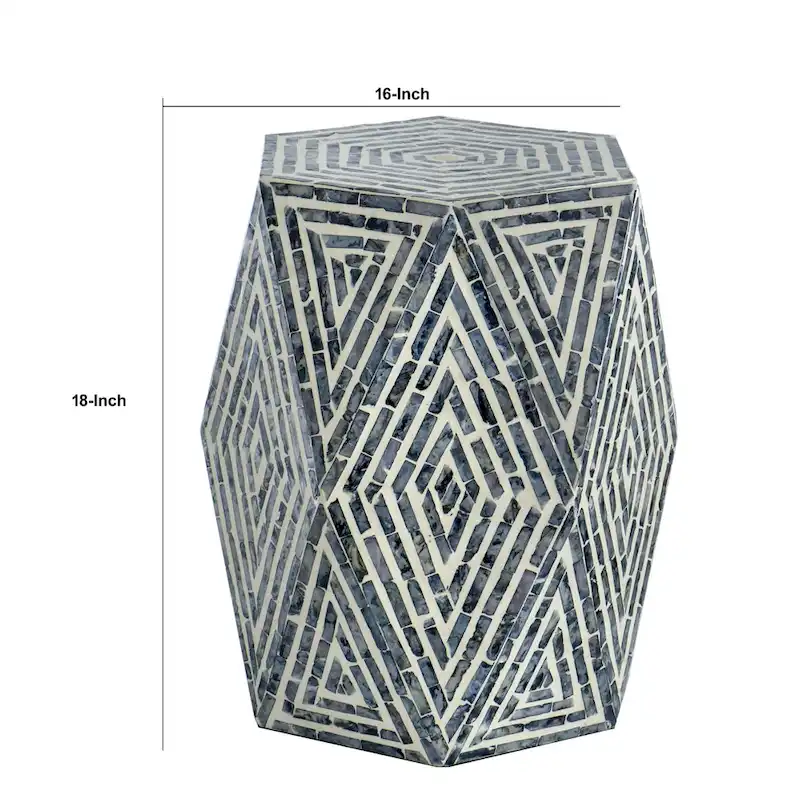 18 Inch Accent Table Stool, Hexagonal Design, Diamond Pattern, Blue, White