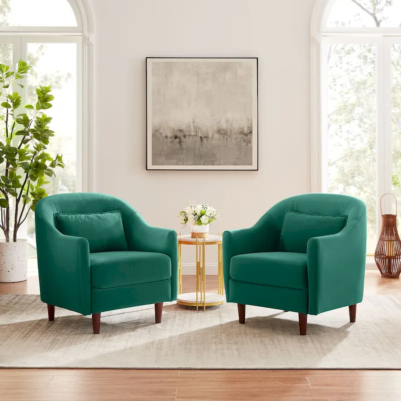28.34W Set Of 2 Accent Armchair, Velvet Barrel Chair with Solid Wood Legs
