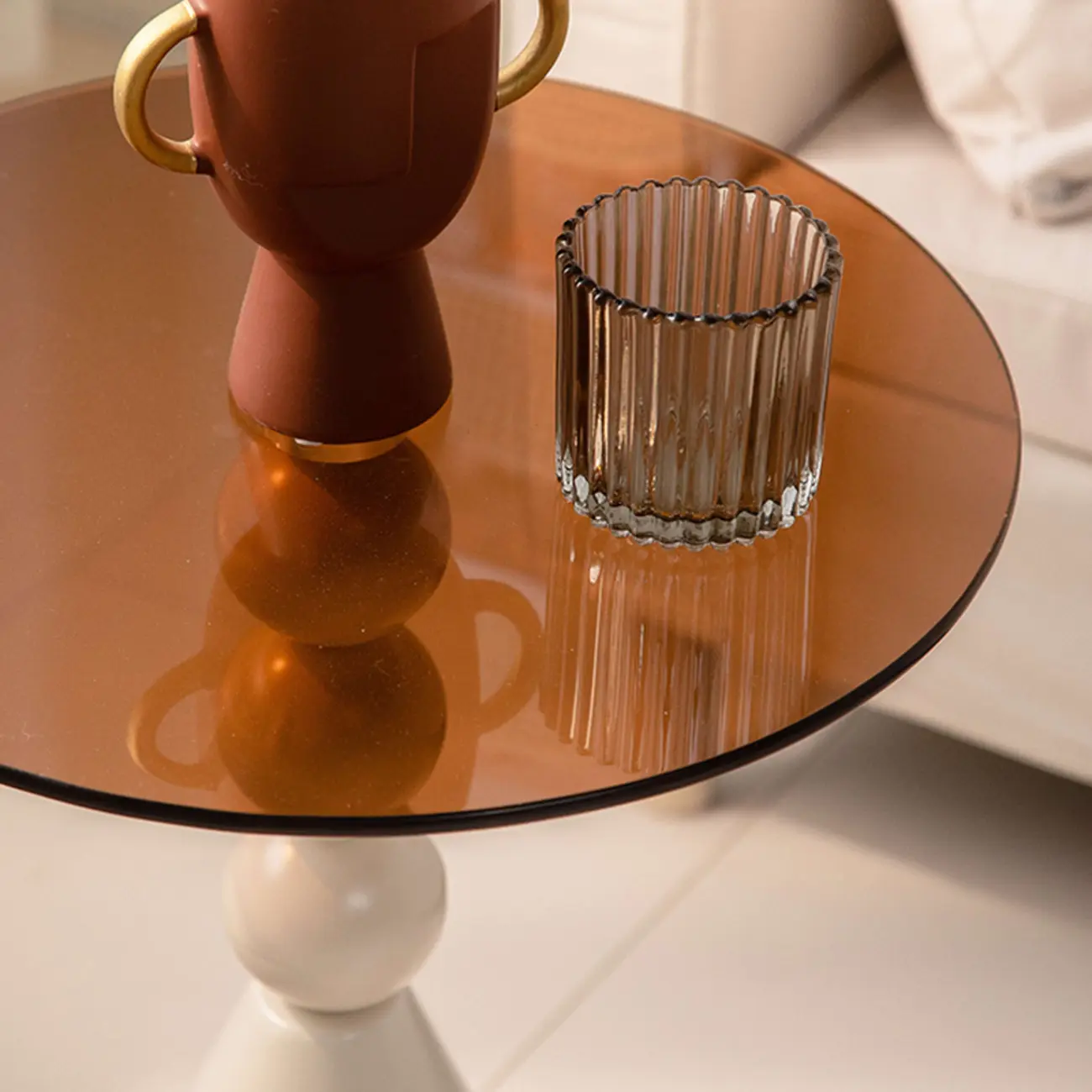 Elegant Glass Round End Table with Iron Pedestal Base