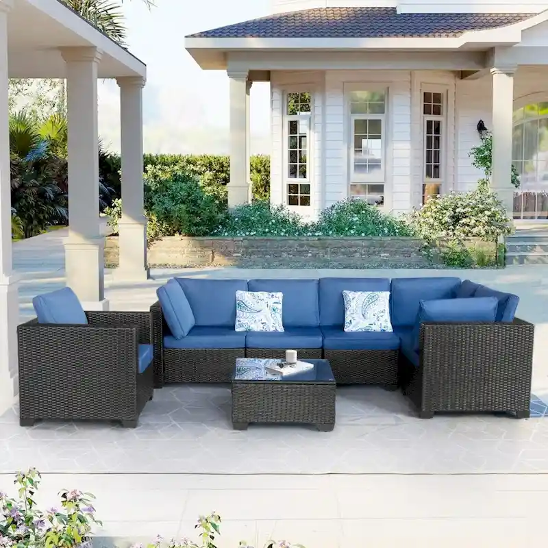 7 Pieces Patio Furniture Sets with Blue Cushions and Coffee Table