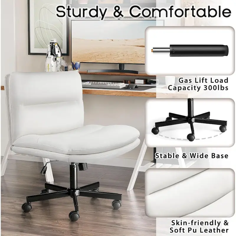 Bossin Criss Cross Chair with Wheels,PU Leather Armless Cross Legged Office chair, Adjustable Wide Seat Task Vanity Chair