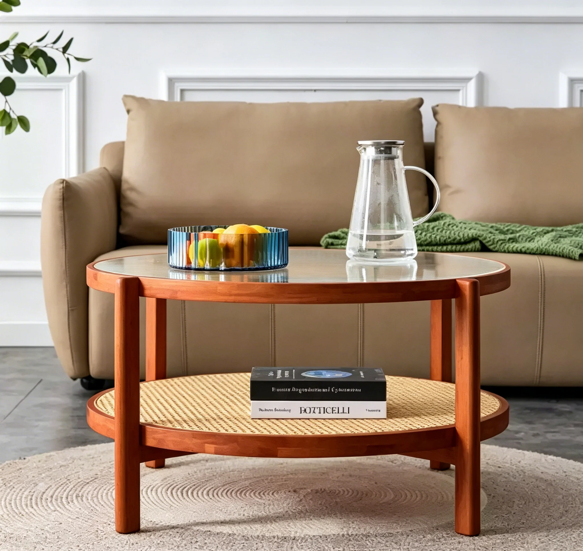 Brown Round 2-Tier Coffee Table, Glass & Rattan Top, Wood Frame