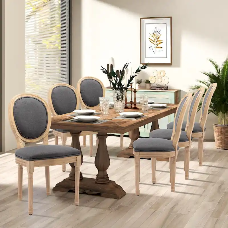 Farmhouse French Dining Room Antique Painting Chairs with PU Set of 6