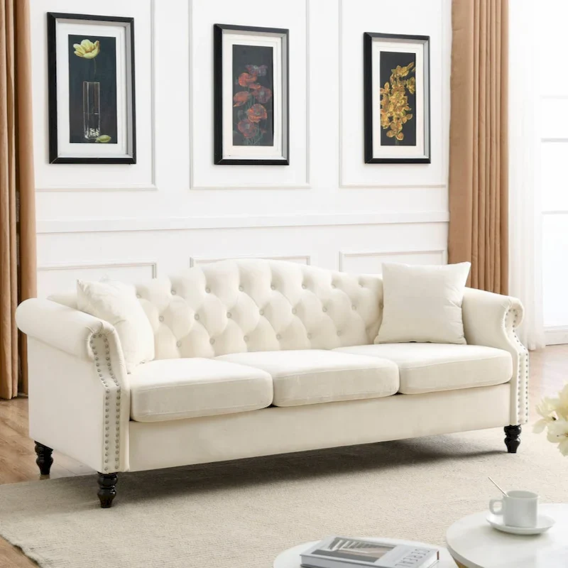 79 Chesterfield Sofa Grey Velvet for Living Room, 3 Seater Sofa Tufted Couch with Rolled Arms and Nailhead