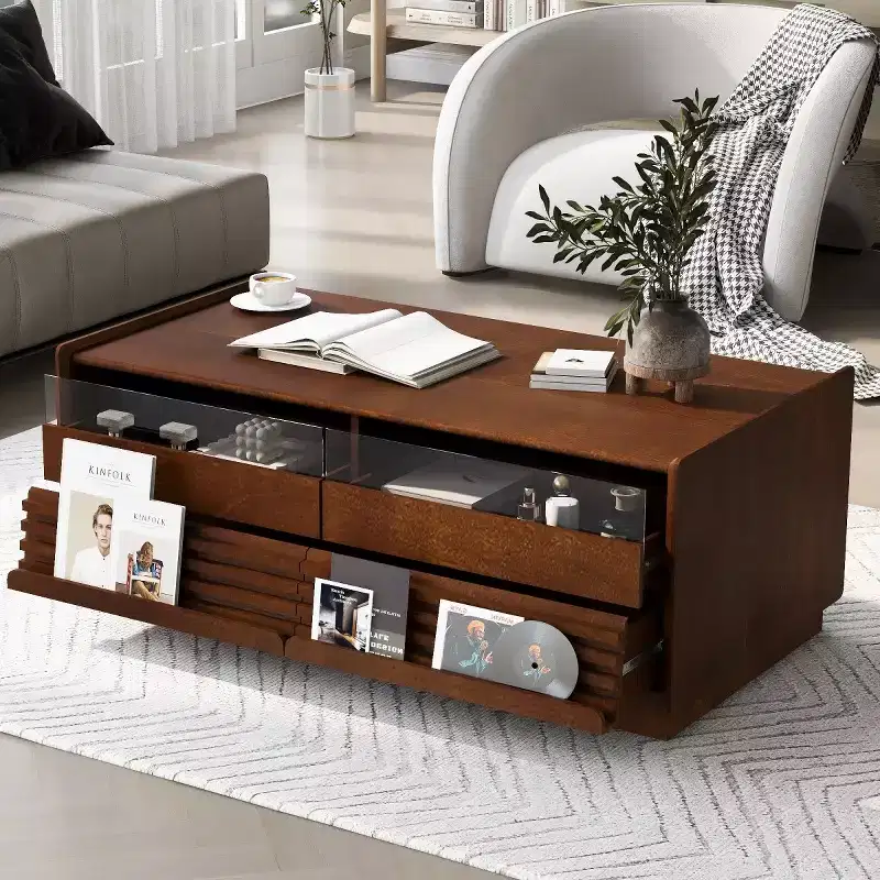 47.2 Modern Rectangle Coffee Table with 4 Drawers, 2 Display Shelves and Tempered Glass Top - Panipeachy